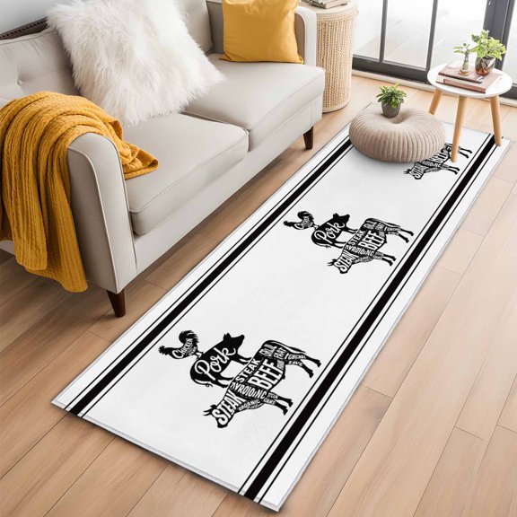 Rectangle Rug 2x6ft, Farm Rooster Pig and Cow Silhouette Soft Non-Slip Washable Felt Carpet Pad, Animal on White Area Rugs for Living Room Bedroom Kids Room