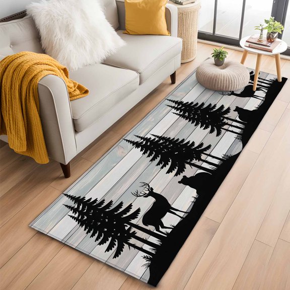 Rectangle Rug 2x6ft, Forest Elk Bear Silhouette Soft Non-Slip Washable Felt Carpet Pad, Wood Grain Stripes Area Rugs for Living Room Bedroom Kids Room