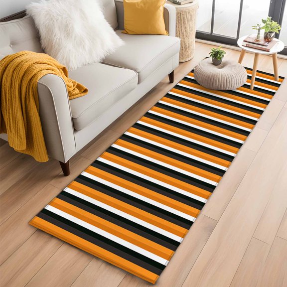 Rectangle Rug 2x6ft, Orange Stripes Happy Halloween Soft Non-Slip Washable Felt Carpet Pad, Fall Theme Black Lines Area Rugs for Living Room Bedroom Kids Room