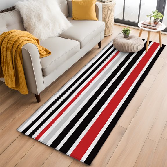 Rectangle Rug 2x6ft, Red Gray Stripes Color Block Soft Non-Slip Washable Felt Carpet Pad, Black Geometric Lines Area Rugs for Living Room Bedroom Kids Room