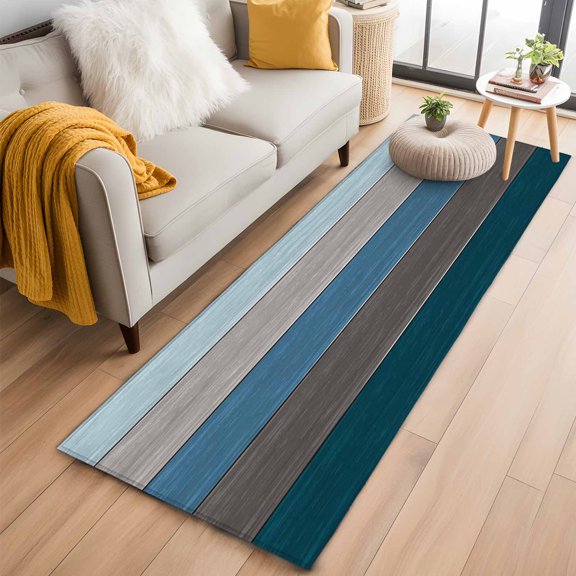 Rectangle Rug 2x6ft, Retro Farm Blue Gray Wood Grain Soft Non-Slip Washable Felt Carpet Pad, Rustic Wooden Plank Area Rugs for Living Room Bedroom Kids Room