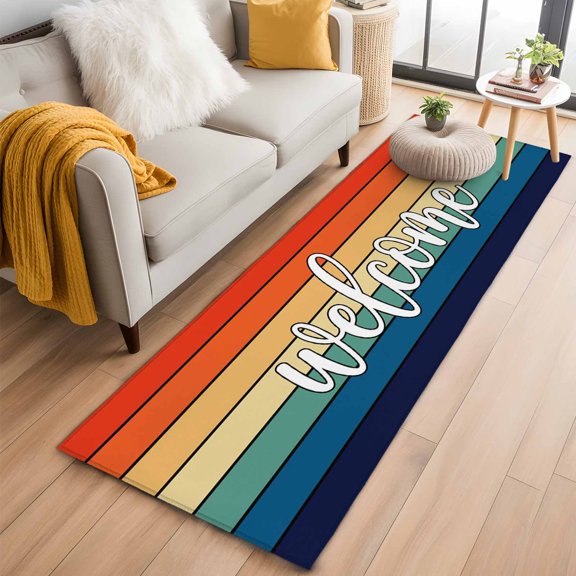 Rectangle Rug 2x6ft, Rustic Welcome Text Black Stripe Soft Non-Slip Washable Felt Carpet Pad, Colorful Wood Plank Area Rugs for Living Room Bedroom Kids Room