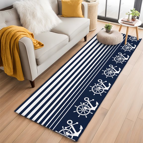 Rectangle Rug 2x6ft, Steering Wheels Anchors Soft Non-Slip Washable Felt Carpet Pad, Blue White Striped Area Rugs for Living Room Bedroom Kids Room