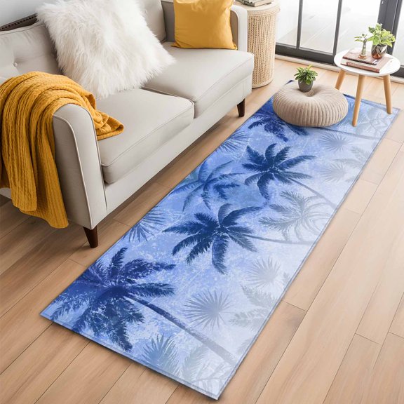 Rectangle Rug 2x6ft, Summer Coconut Tree Silhouette Soft Non-Slip Washable Felt Carpet Pad, Tropical Palm Leaves Blue Area Rugs for Living Room Bedroom Kids Room