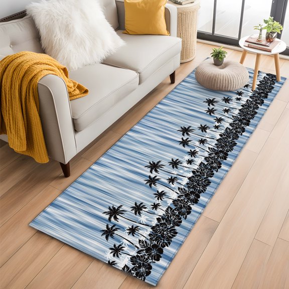 Rectangle Rug 2x6ft, Summer Coconut Tree Silhouettes Soft Non-Slip Washable Felt Carpet Pad, Blue Gradient Stripe Area Rugs for Living Room Bedroom Kids Room