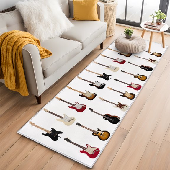 Rectangle Rug 2x6ft, Vintage Musical Instrument Soft Non-Slip Washable Felt Carpet Pad, Cartoon Guitar Bass Area Rugs for Living Room Bedroom Kids Room