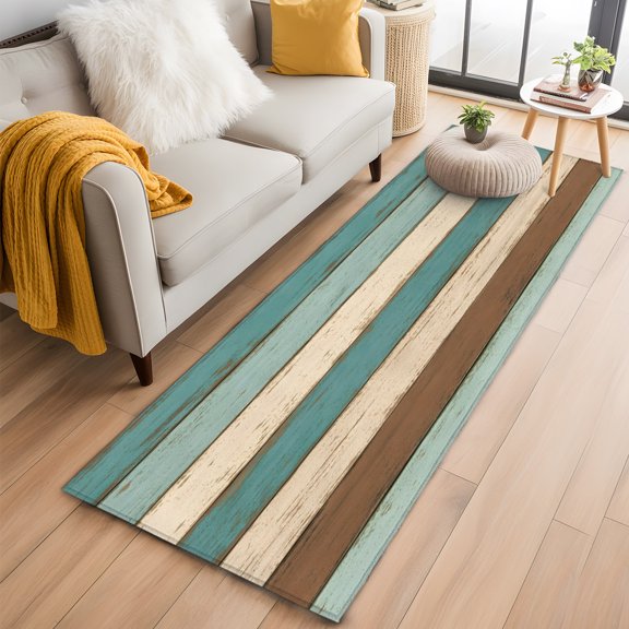 Rectangle Rug 2x6ft, Vintage Teal Brown Wood Grain Soft Non-Slip Washable Felt Carpet Pad, Rustic Wooden Plank Area Rugs for Living Room Bedroom Kids Room