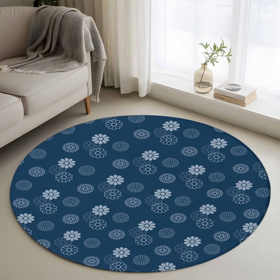 Rectangle Rug 3ft Area Rug, Abstract Flower on Navy Blue Area Rugs for Living Room Bedroom, Japanese Daisy Floral Floor Mat Non-Slip Non-Shedding Carpet Indoor Accent Rugs