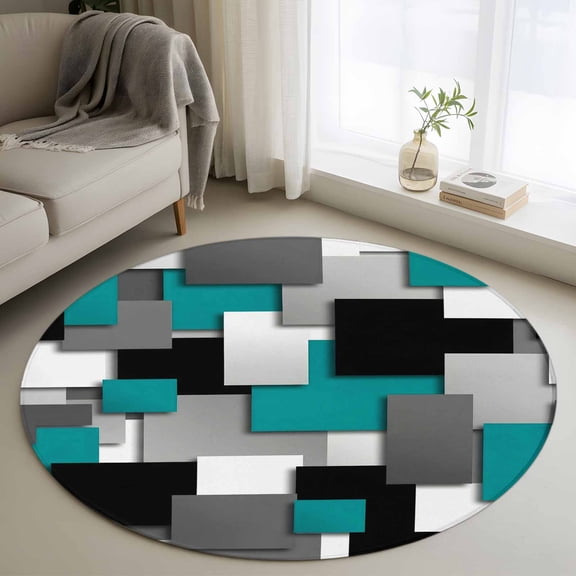 Rectangle Rug 3ft Area Rug, Abstract Teal Black Gray White Square Area Rugs for Living Room Bedroom, Modern Geometric Art Floor Mat Non-Slip Non-Shedding Carpet Indoor Accent Rugs