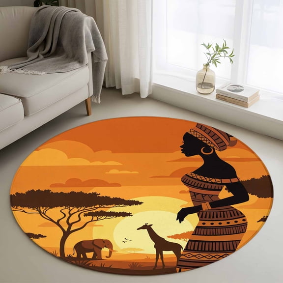 Rectangle Rug 3ft Area Rug, African Black Women Area Rugs for Living Room Bedroom, Dusk Forest Animal Giraffe Elephant Floor Mat Non-Slip Non-Shedding Carpet Indoor Accent Rugs