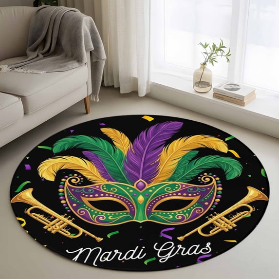 Rectangle Rug 3ft Area Rug, Carnival Mask Feather Trumpet Area Rugs for Living Room Bedroom, Celebration Ribbon on Black Floor Mat Non-Slip Non-Shedding Carpet Indoor Accent Rugs