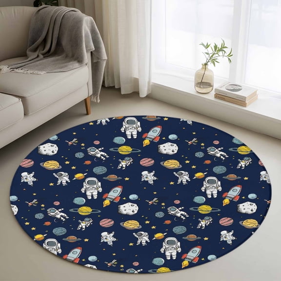 Rectangle Rug 3ft Area Rug, Cartoon Rocket Space Planet Area Rugs for Living Room Bedroom, Mysterious Universe Navy Blue Floor Mat Non-Slip Non-Shedding Carpet Indoor Accent Rugs