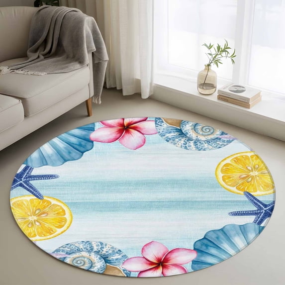 Rectangle Rug 3ft Area Rug, Ocean Life Starfish Shell Flower Lemon Area Rugs for Living Room Bedroom, Watercolor Marine Conch Floor Mat Non-Slip Non-Shedding Carpet Indoor Accent Rugs