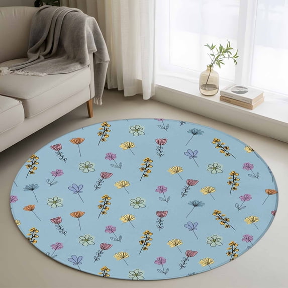 Rectangle Rug 3ft Area Rug, Spring Flower on Blue Area Rugs for Living Room Bedroom, Colorful Floral Plant Seamless Floor Mat Non-Slip Non-Shedding Carpet Indoor Accent Rugs