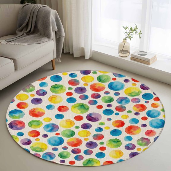 Rectangle Rug 3ft Area Rug, Watercolor Circle Dots on Linen Area Rugs for Living Room Bedroom, Seamless Colorful Dot Polka Floor Mat Non-Slip Non-Shedding Carpet Indoor Accent Rugs