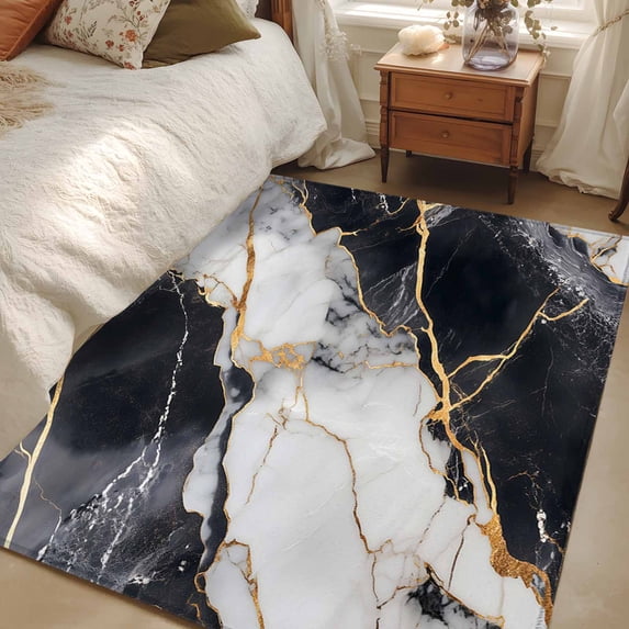 Rectangle Rug 3x5Ft Abstract Marble Texture Soft Indoor Throw Rugs Carpets for Living Dining Bedroom Kids Room Non-Slip Playroom Crawl Rug Floor Mats Modern Black White Gold Stone Art