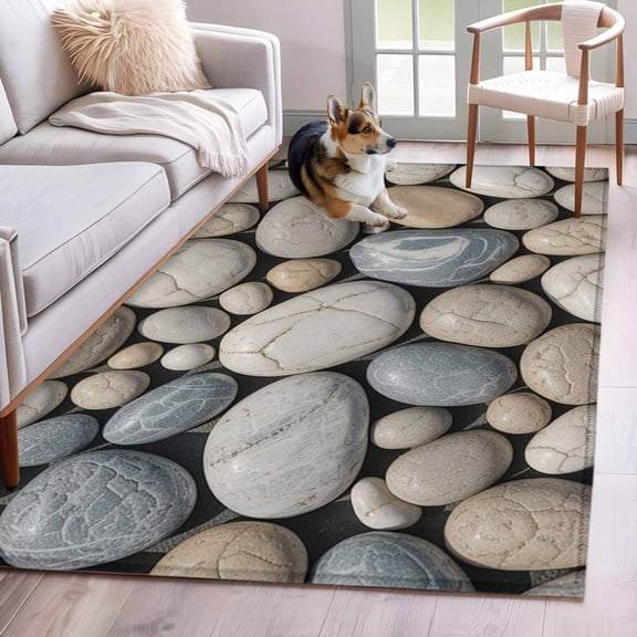 Rectangle Rug 3x5Ft, Abstract Natural Grey Cobblestone Soft Non-Slip Washable Felt Carpet Pad, Modern Grey Pebble Stone Area Rugs for Living Room Bedroom Kids Room