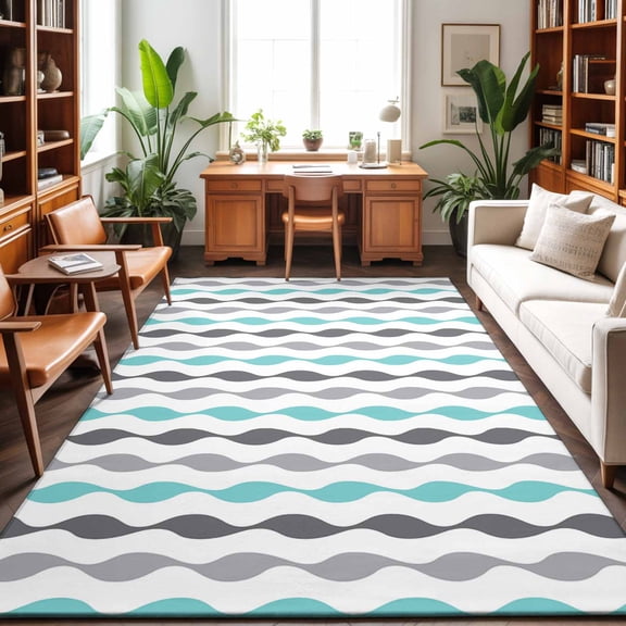 Rectangle Rug 3x5Ft Abstract Teal Gray White Wavy Lines Soft Indoor Throw Rugs Carpets for Living Dining Bedroom Non-Slip Playroom Crawl Rug Floor Mats Modern Morocco Stripes