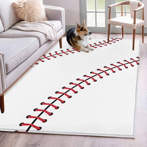 Rectangle Rug 3x5Ft, Baseball Sports Texture Soft Non-Slip Washable Felt Carpet Pad, White Red Lines Area Rugs for Living Room Bedroom Kids Room