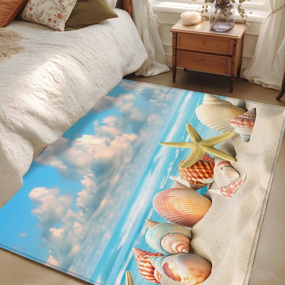 Rectangle Rug 3x5Ft Beach Conch Shells Summer Ocean Nautical Soft Indoor Throw Rugs Carpets for Living Dining Bedroom Kids Room Non-Slip Playroom Crawl Rug Floor Mats Blue Sky White Clouds