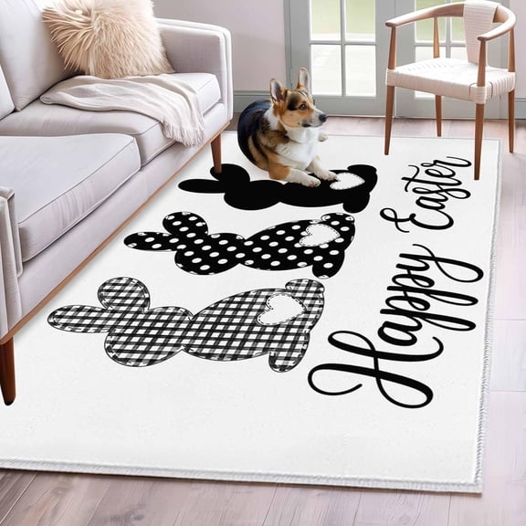 Rectangle Rug 3x5Ft, Black White Buffalo Plaid Polka Dots Carrot Soft Non-Slip Washable Felt Carpet Pad, Happ Easter Area Rugs for Living Room Bedroom Kids Room