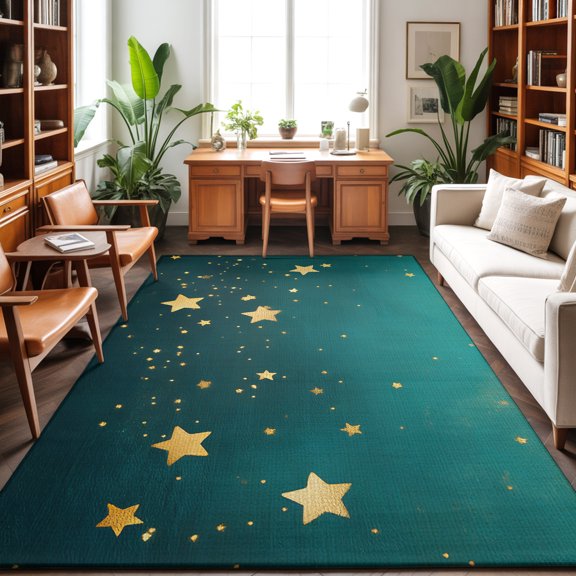 Rectangle Rug 3x5Ft Dream Yellow Star on Teal Blue Soft Indoor Throw Rugs Carpets for Living Dining Bedroom Non-Slip Playroom Crawl Rug Floor Mats Night Starry Sky
