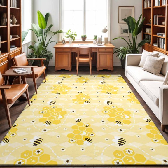 Rectangle Rug 3x5Ft Farm Yellow Bee Honeycomb Soft Indoor Throw Rugs Carpets for Living Dining Bedroom Non-Slip Playroom Crawl Rug Floor Mats Geometric Floral Love Heart