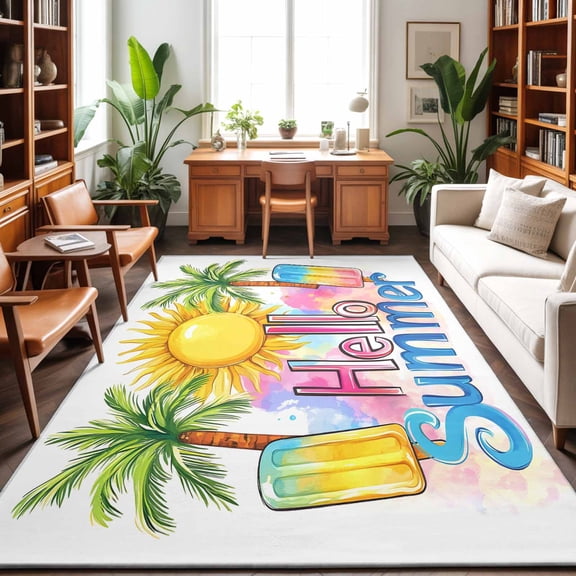 Rectangle Rug 3x5Ft Hello Summer Text Sun Palm Tree Soft Indoor Throw Rugs Carpets for Living Dining Bedroom Non-Slip Playroom Crawl Rug Floor Mats Colorful Ocean Seaside Theme