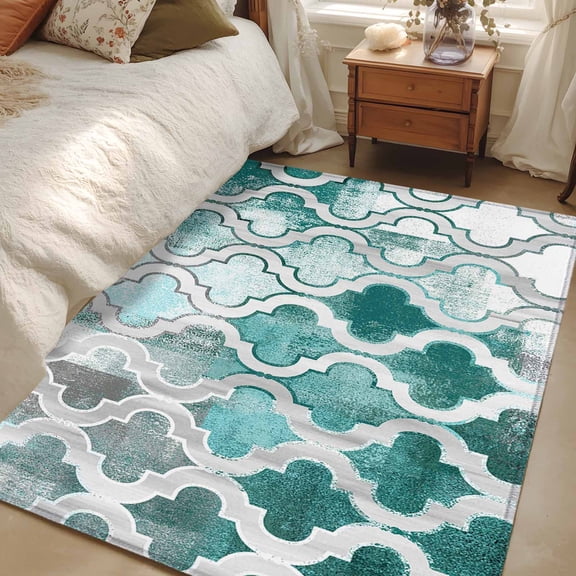 Rectangle Rug 3x5Ft Moroccan Lattice Teal Gradient Soft Indoor Throw Rugs Carpets for Living Dining Bedroom Kids Room Non-Slip Playroom Crawl Rug Floor Mats Watercolor Oil Painting Style