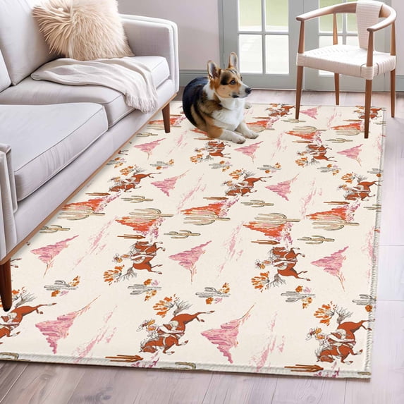 Rectangle Rug 3x5Ft, Retro Western Ethnic Cowboy Cactus Soft Non-Slip Washable Felt Carpet Pad, Cream Pink Desert Area Rugs for Living Room Bedroom Kids Room