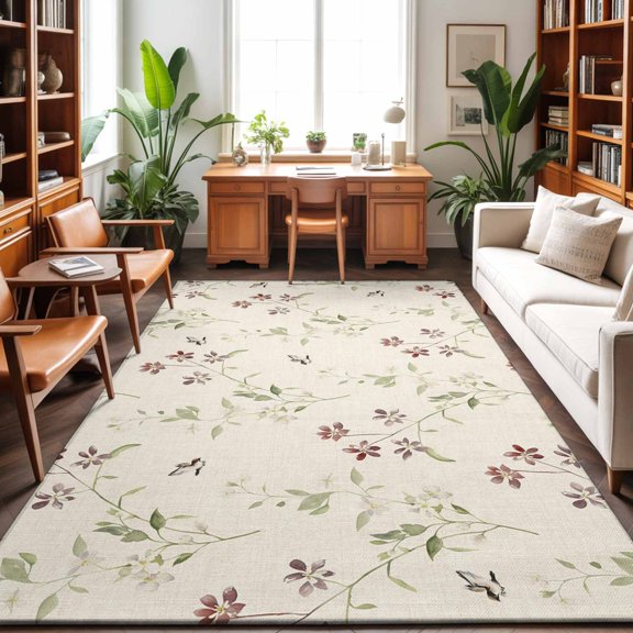 Rectangle Rug 3x5Ft Spring Blossom Flower on Burlap Soft Indoor Throw Rugs Carpets for Living Dining Bedroom Non-Slip Playroom Crawl Rug Floor Mats Watercolor Green Leaves