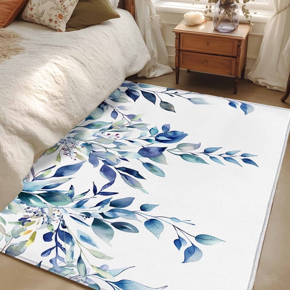 Rectangle Rug 3x5Ft Watercolor Botanical Blue Leaves Soft Indoor Throw Rugs Carpets for Living Dining Bedroom Kids Room Non-Slip Playroom Crawl Rug Floor Mats Farm Pastoral Leaf on White