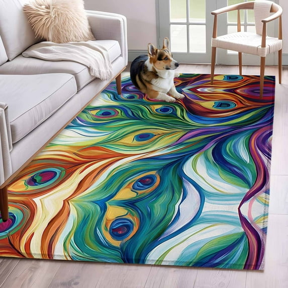 Rectangle Rug 3x5Ft, Watercolor Peacock Leather Soft Non-Slip Washable Felt Carpet Pad, Abstract Line Eyes Area Rugs for Living Room Bedroom Kids Room