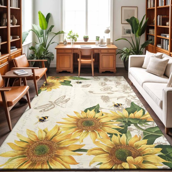 Rectangle Rug 3x5Ft Watercolor Sunflower Bee Dragonfly Soft Indoor Throw Rugs Carpets for Living Dining Bedroom Non-Slip Playroom Crawl Rug Floor Mats Country Floral Retro Letter