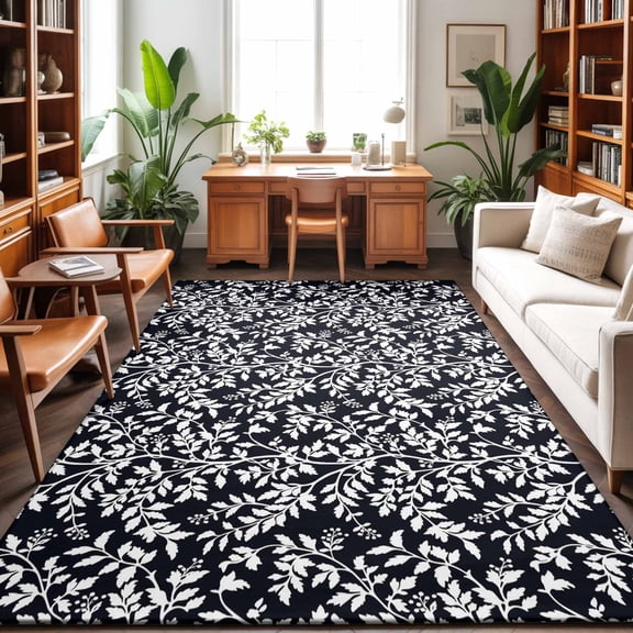 Rectangle Rug 3x5Ft White Leaves Floral Seamless Soft Indoor Throw Rugs Carpets for Living Dining Bedroom Non-Slip Playroom Crawl Rug Floor Mats Overlay Botanical on Black