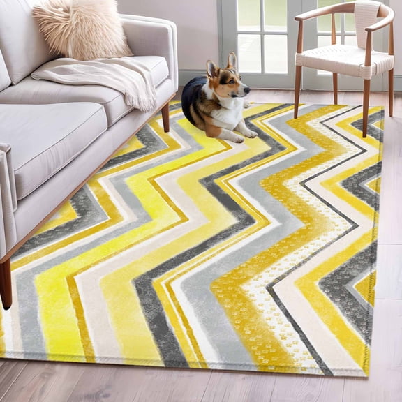 Rectangle Rug 3x5Ft, Yellow Gray Gradient Zigzag Stripe Soft Non-Slip Washable Felt Carpet Pad, Nordic Style Abstract Art Area Rugs for Living Room Bedroom Kids Room