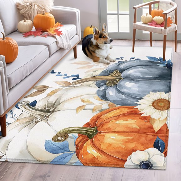 Rectangle Rug 3x5ft Area Rug, Autumn Pumpkin Fall Botanical Leaves Area Rugs for Living Room Bedroom, Orange Blue White Floor Mat Non-Slip Non-Shedding Carpet Indoor Accent Rugs