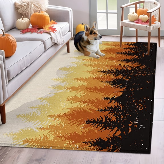 Rectangle Rug 3x5ft Area Rug, Fall Foggy Forest Orange Gradient Ombre Area Rugs for Living Room Bedroom, Black Shadow Retro Linen Floor Mat Non-Slip Non-Shedding Carpet Indoor Accent Rugs