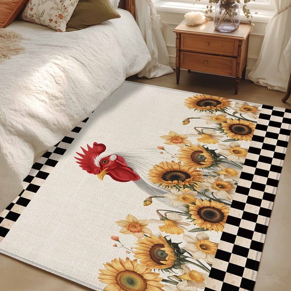Rectangle Rug 3x5ft Area Rug, Farmhouse Chicken Sunflower Area Rugs for Living Room Bedroom, Retro Buffalo Plaid Farm Cock Floor Mat Non-Slip Non-Shedding Carpet Indoor Accent Rugs