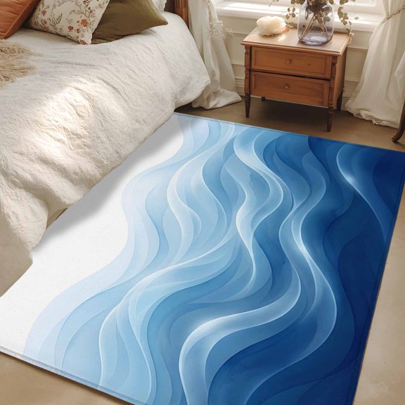 Rectangle Rug 3x5ft Area Rug, Navy Blue Fluid Waves Area Rugs for Living Room Bedroom, Minimalist Gradient Layered Floor Mat Non-Slip Non-Shedding Carpet Indoor Accent Rugs