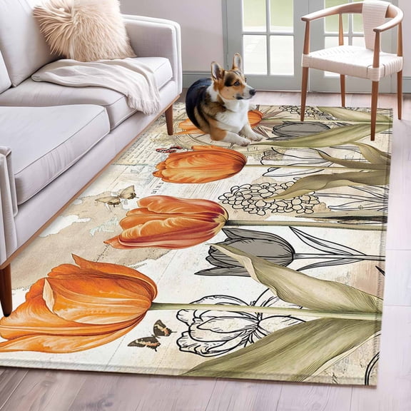 Rectangle Rug 3x5ft Area Rug, Orange Tulip Flower Plants Area Rugs for Living Room Bedroom, Butterfly Vintage Map Floor Mat Non-Shedding Non-Slip Carpet Indoor Accent Rugs