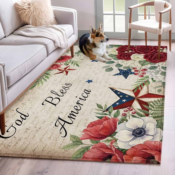 Rectangle Rug 3x5ft Area Rug, Retro Independence Day Floral Star Area Rugs for Living Room Bedroom, God Bless America Quote Floor Mat Non-Shedding Non-Slip Carpet Indoor Accent Rugs