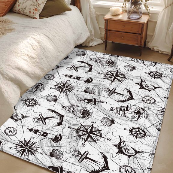 Rectangle Rug 3x5ft Area Rug, Retro Nautical Anchor Lighthouse Area Rugs for Living Room Bedroom, Black White Compass Map Floor Mat Non-Slip Non-Shedding Carpet Indoor Accent Rugs