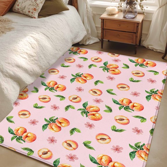 Rectangle Rug 3x5ft Area Rug, Summer Peaches on Pink Background Area Rugs for Living Room Bedroom, Watercolor Flower Floor Mat Non-Slip Non-Shedding Carpet Indoor Accent Rugs