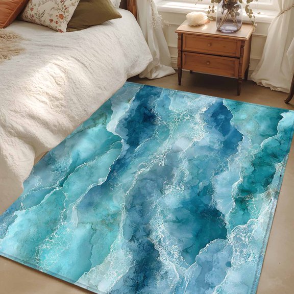 Rectangle Rug 3x5ft Area Rug, Summer Turquoise Ocean Wave Area Rugs for Living Room Bedroom, Modern Gradient Water Ripple Floor Mat Non-Slip Non-Shedding Carpet Indoor Accent Rugs
