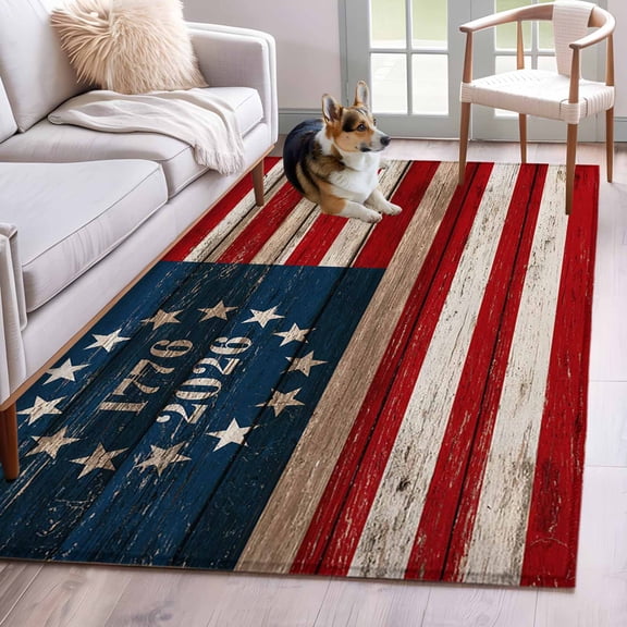 Rectangle Rug 3x5ft Area Rug, USA Flag Stripe Star Area Rugs for Living Room Bedroom, American 250th Anniversary Retro Wood Board Floor Mat Non-Shedding Non-Slip Carpet Indoor Accent Rugs