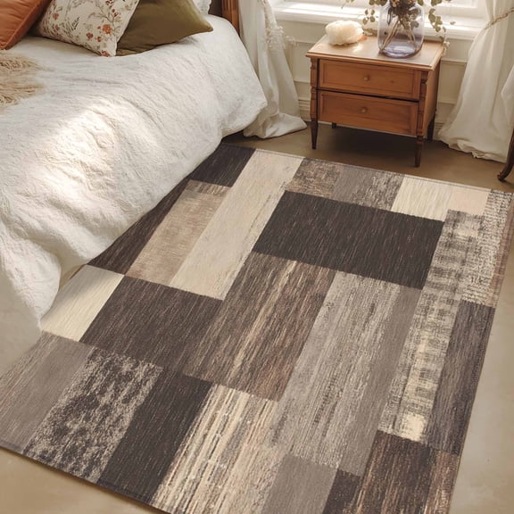 Rectangle Rug 3x5ft Area Rug, Vintage Country Wooden Grain Area Rugs for Living Room Bedroom, Abstract Color Blocks Floor Mat Non-Slip Non-Shedding Carpet Indoor Accent Rugs