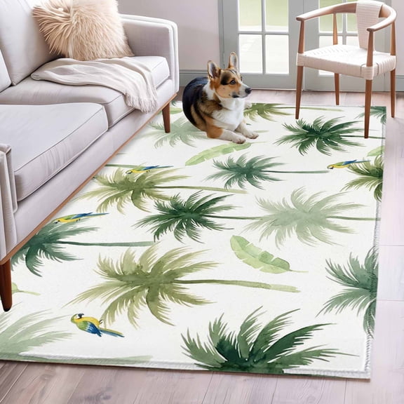 Rectangle Rug 3x5ft Area Rug, Watercolor Green Palm Tree Birds Area Rugs for Living Room Bedroom, Summer Coastal Plants Floor Mat Non-Shedding Non-Slip Carpet Indoor Accent Rugs