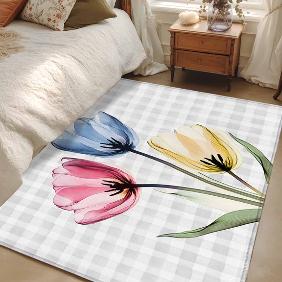 Rectangle Rug 3x5ft Area Rug, Watercolor Pink Blue Yellow Flower Area Rugs for Living Room Bedroom, Rustic Tulips on Plaid Floor Mat Non-Slip Non-Shedding Carpet Indoor Accent Rugs