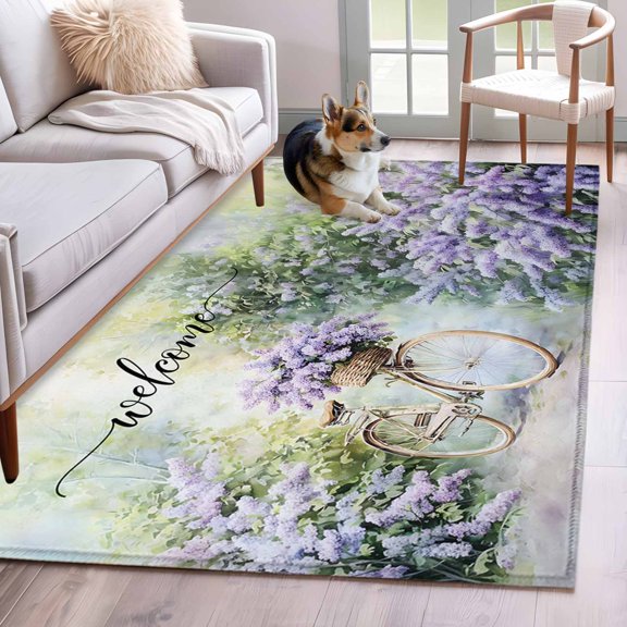 Rectangle Rug 3x5ft Area Rug, Welcome Words Lavender Bicycle Area Rugs for Living Room Bedroom, Watercolor Country Flowers Floor Mat Non-Slip Non-Shedding Carpet Indoor Accent Rugs